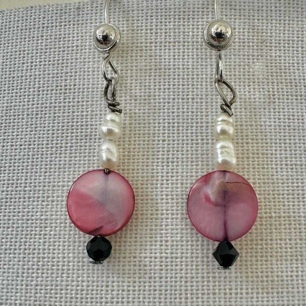 Pink Shell, Freshwater Pearl & Black Crystal Dangle Earrings